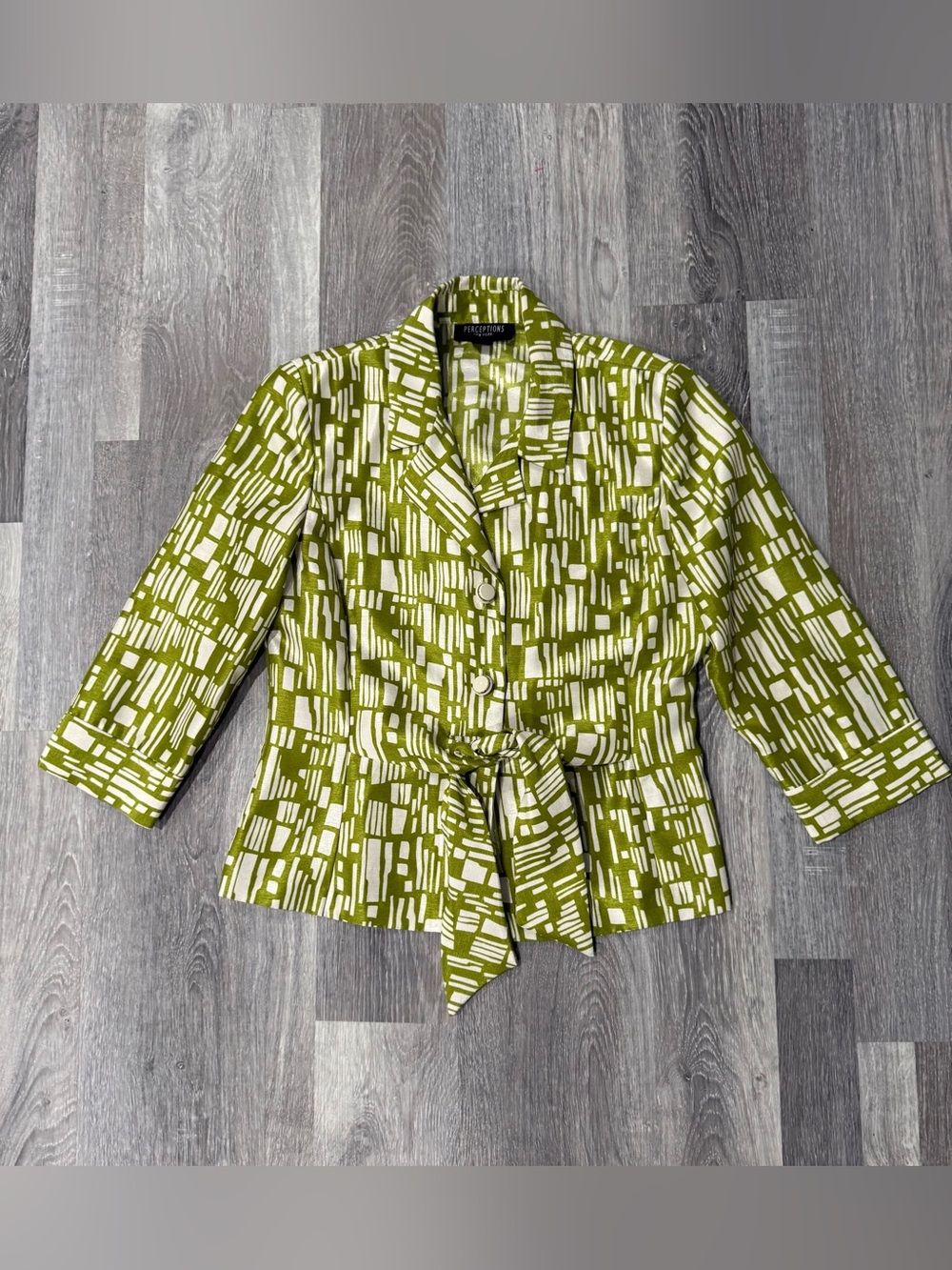 Perception Women's Green White Geometric Print Belted Blazer Jacket Size 8